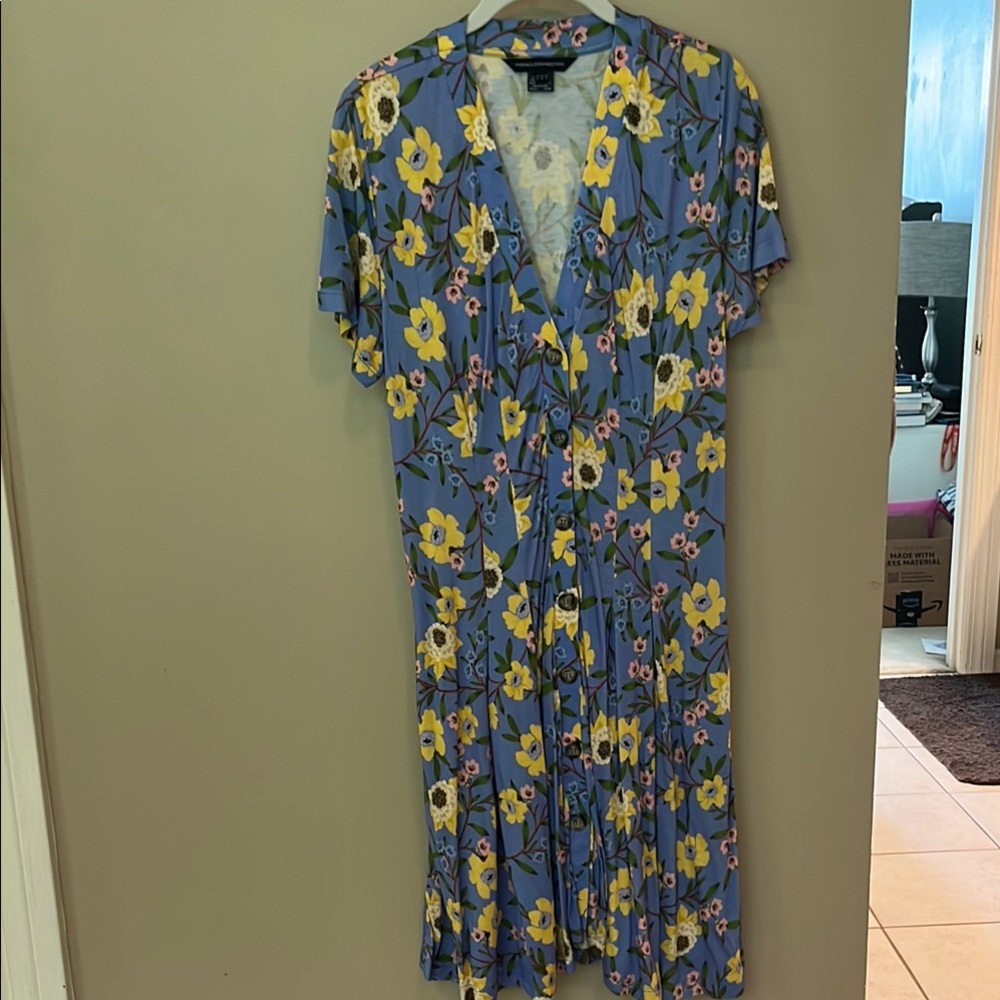 French Connection Yellow and Blue V-Neck Flutter Sleeve Midi Dress